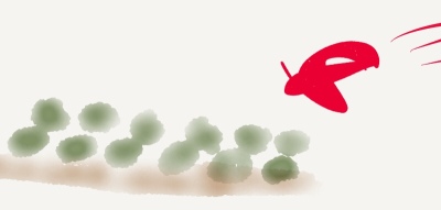 Artist sketch of a red Bebop 2 drone crashing into a pecan grove